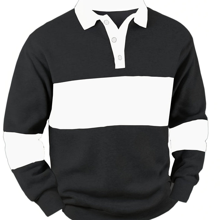 Men's colour-block long sleeve polo shirt, stylish casual wear with button collar.