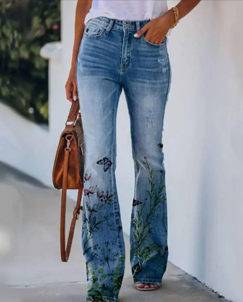 Women's Floral Print High Waist Jeans