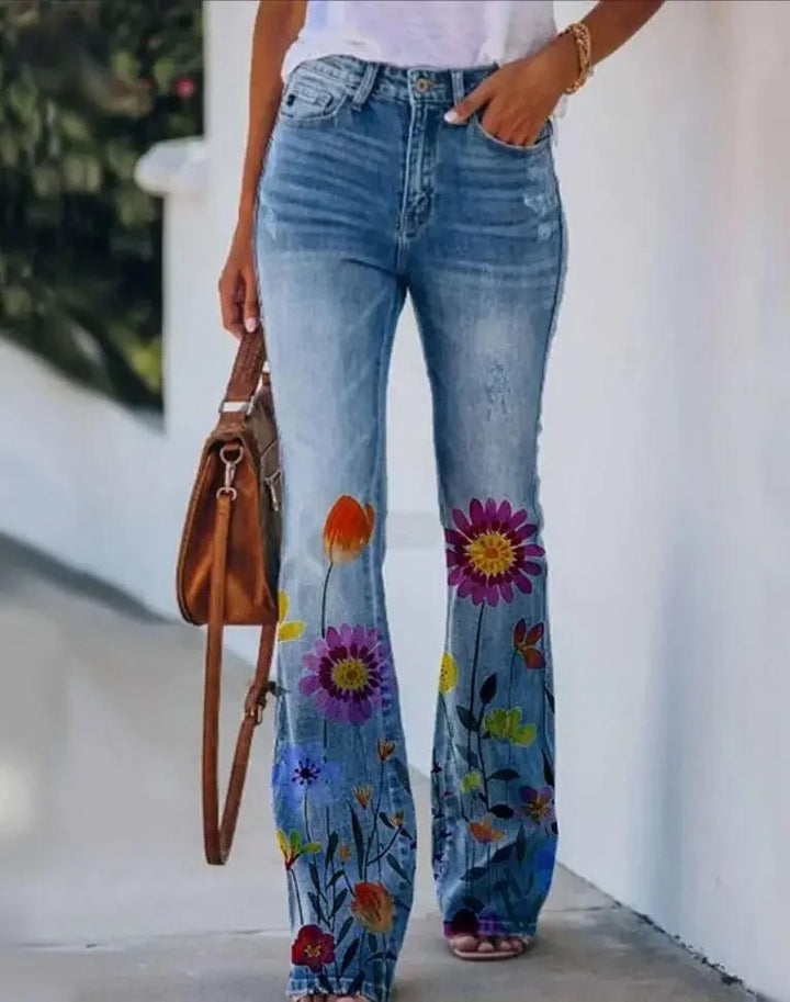 Women's Floral Print High Waist Jeans