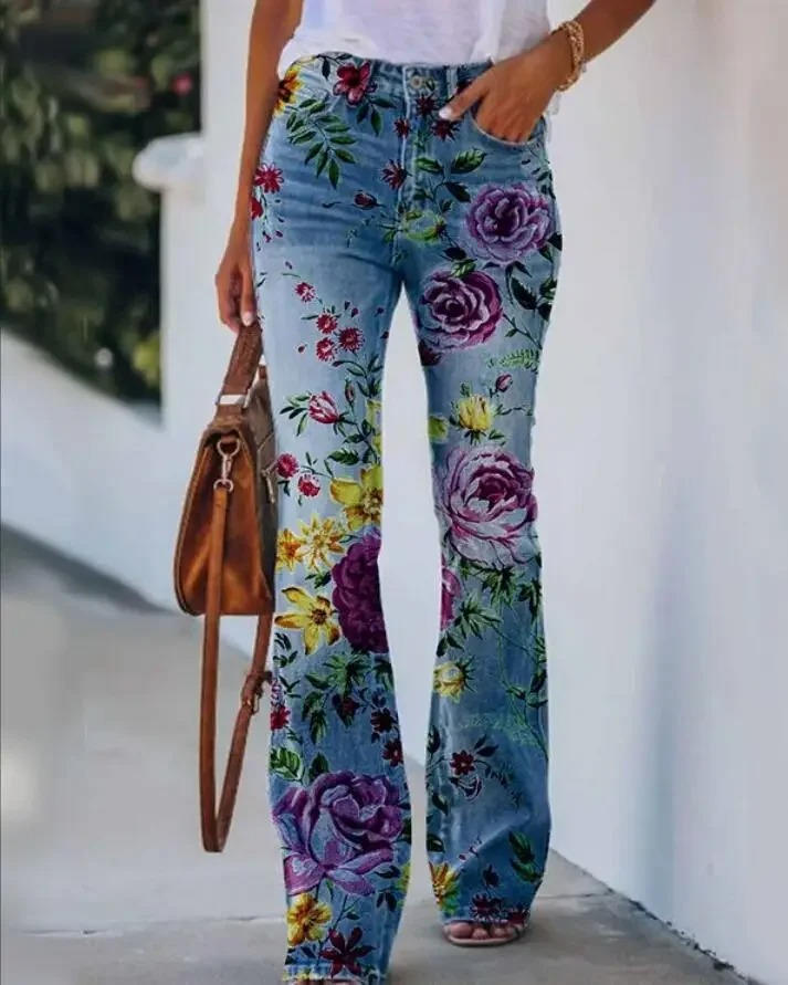 Women's Floral Print High Waist Jeans