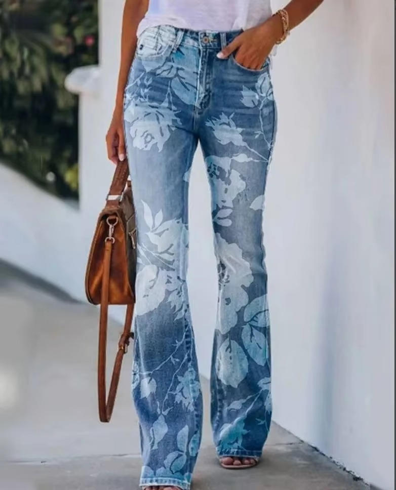 Women's Floral Print High Waist Jeans