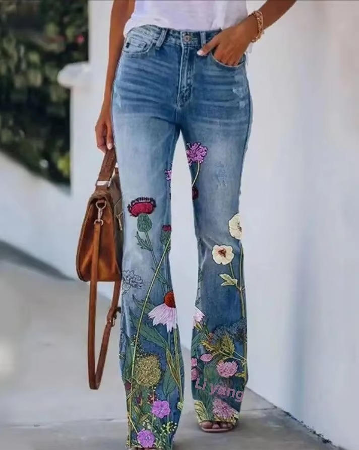 Women's Floral Print High Waist Jeans