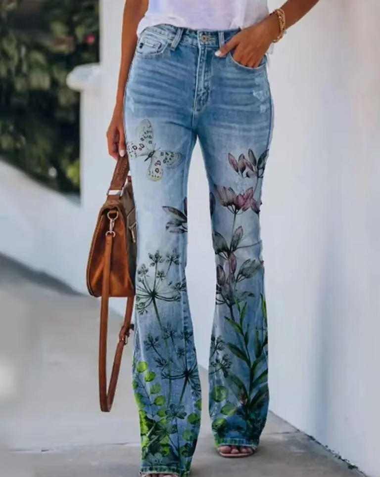 Women's Floral Print High Waist Jeans