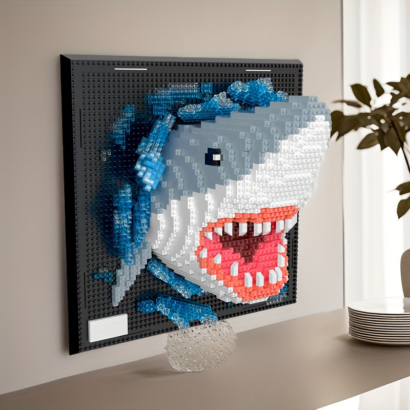 Unique gift: Creative 3D shark & eagle wall art building block set. Fun adult craft & decor.