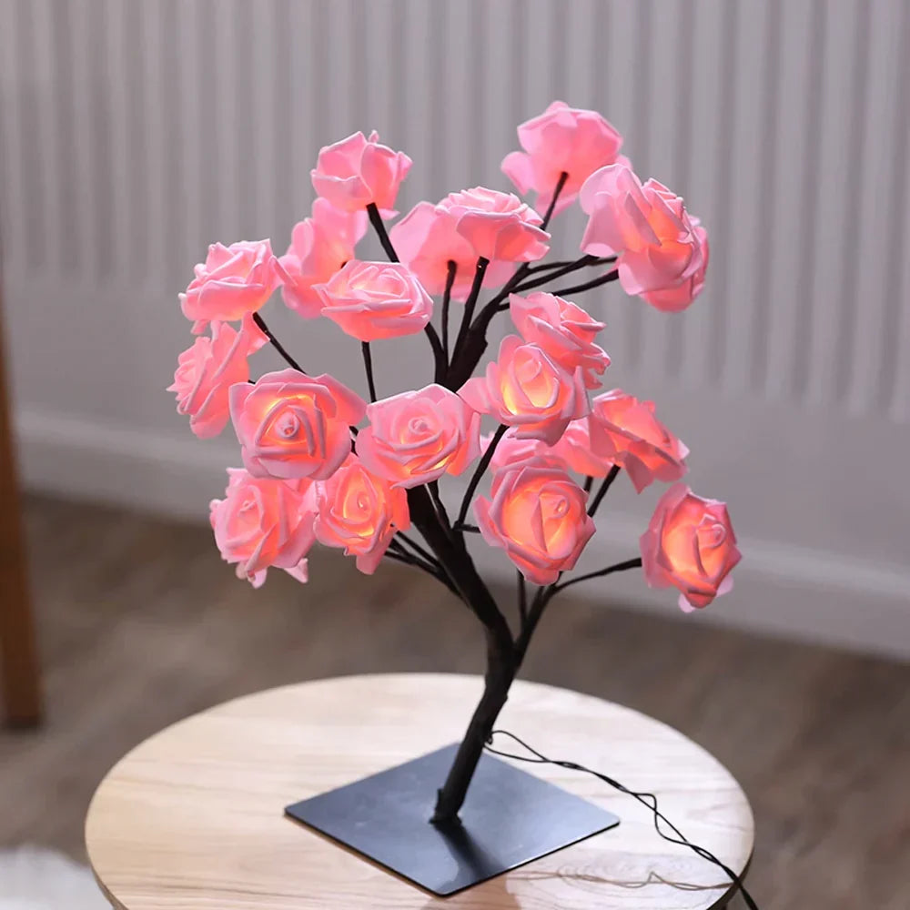 LED Rose Blossom Bonsai Tree Lamp with warm white glow. Perfect decorative light for home decor.