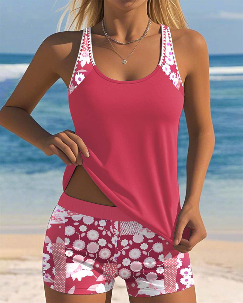 Eye-catching women's printed two-piece swimsuit, vibrant summer beach & poolside apparel.