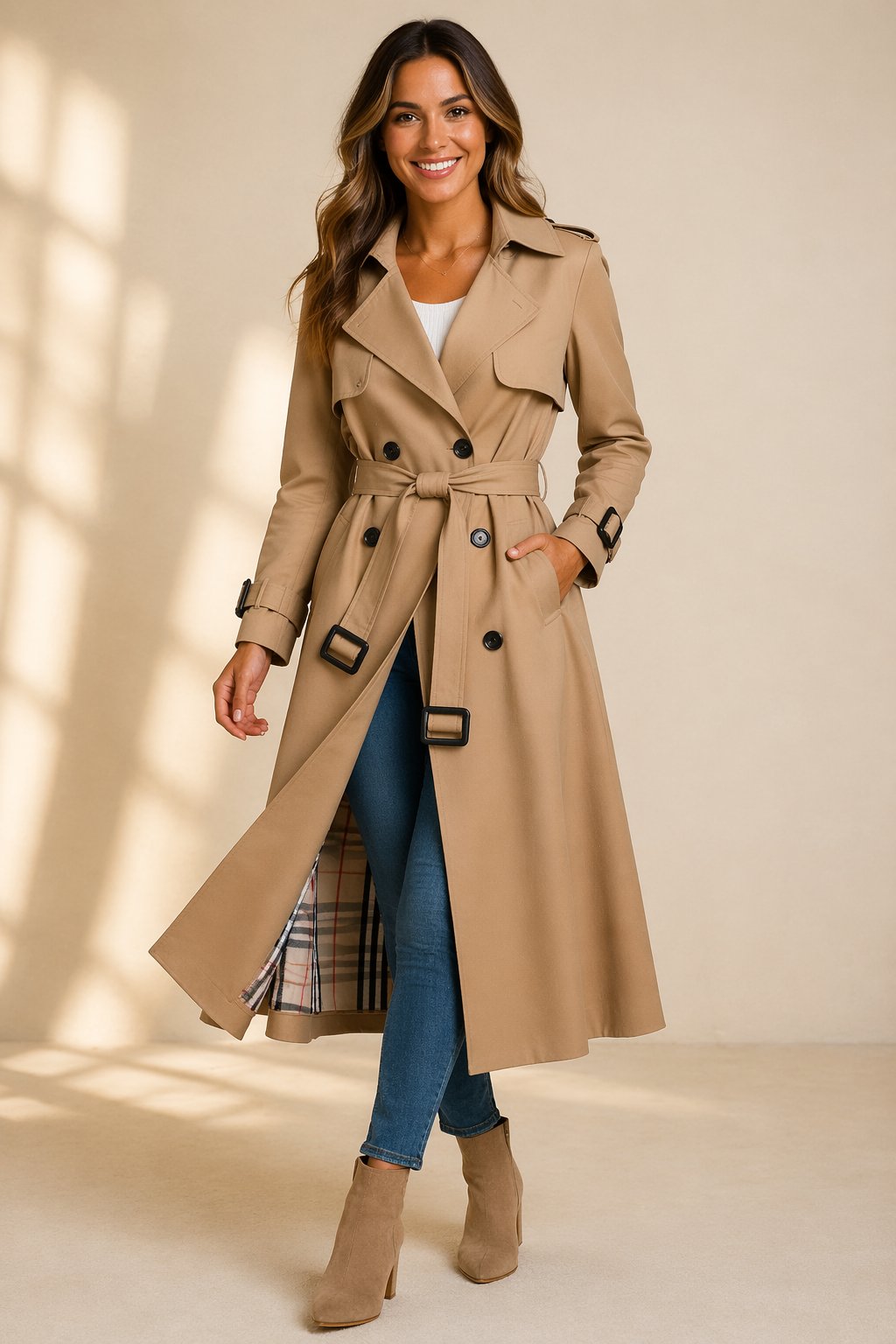 Stylish women's double-breasted long trench coat. Versatile outerwear for spring, autumn & sophisticated fashion.