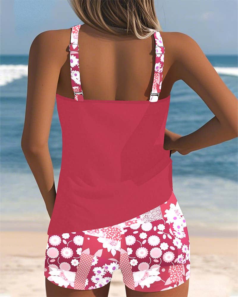 Modern women's printed two-piece swimwear set, perfect for summer casual & active use.