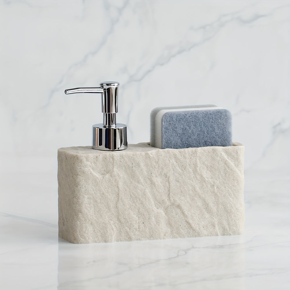Modern bathroom organizer: stone-style liquid soap dispenser and sponge storage.