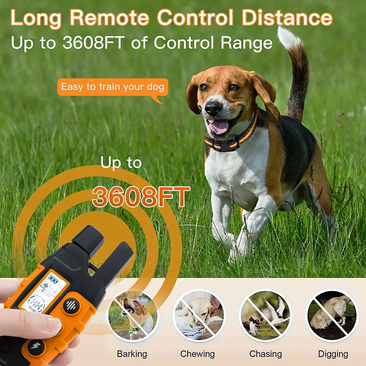 Remote control dog training collar designed for all dog sizes. Waterproof and rechargeable for pet behavior.