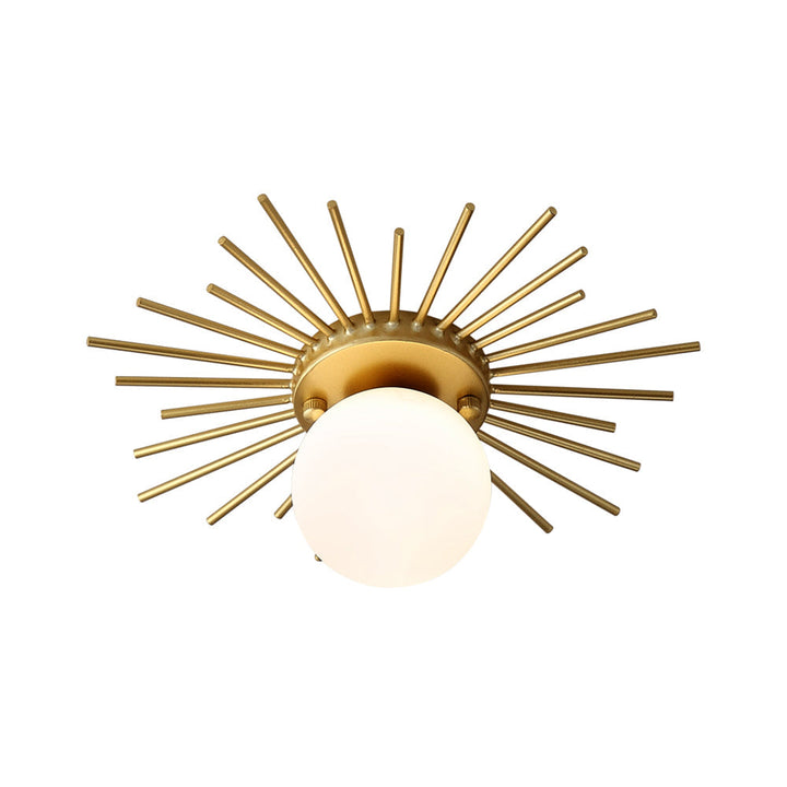 Minimalist gold spherical ceiling lamp. Frosted glass diffuses light, ideal for contemporary interior design.
