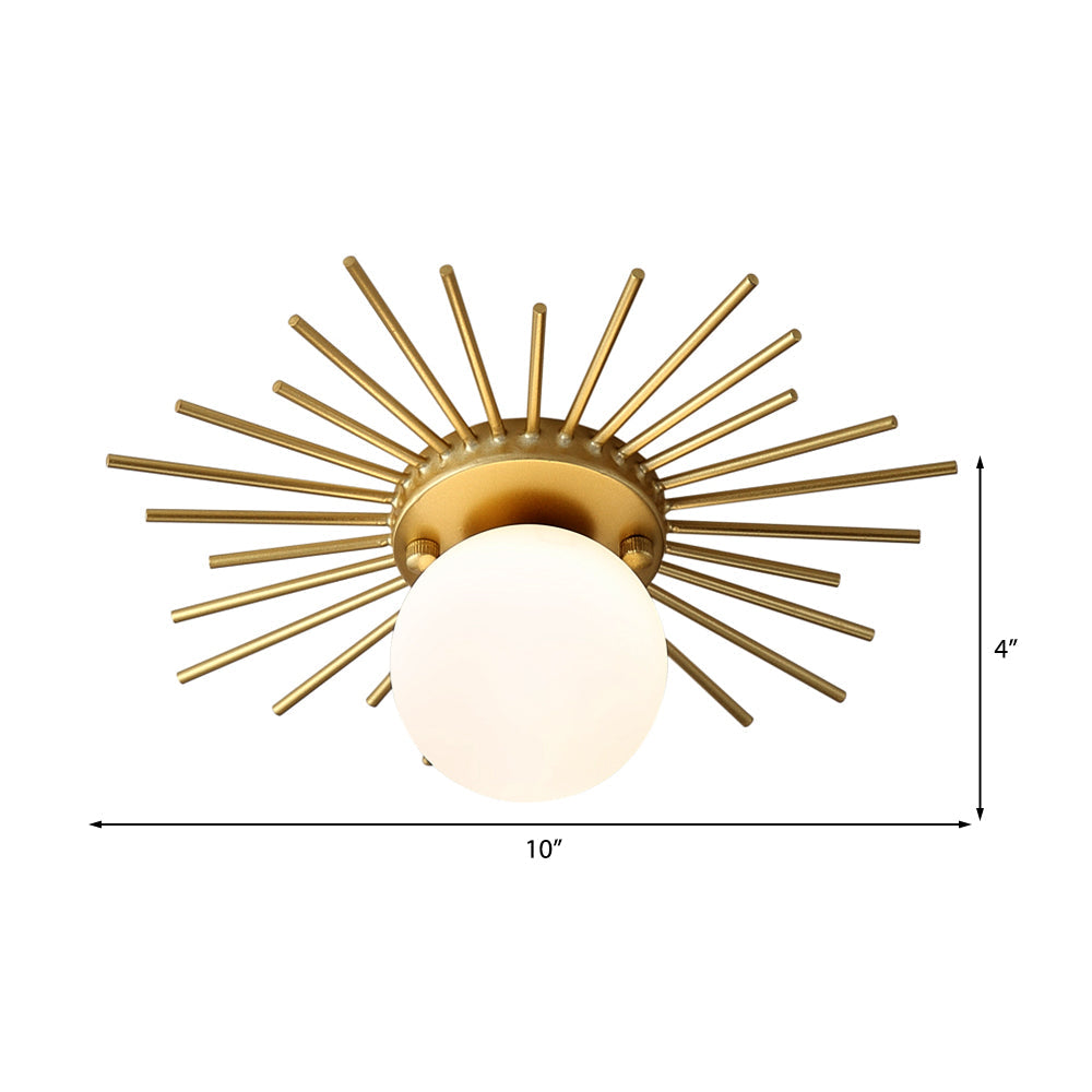 Stylish gold and frosted glass spherical ceiling lamp, a sleek modern lighting fixture for any room.