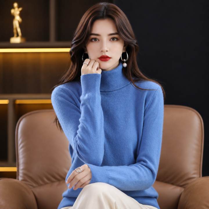 Versatile women's cashmere-blend pullover, a warm turtleneck sweater for elegant comfort.