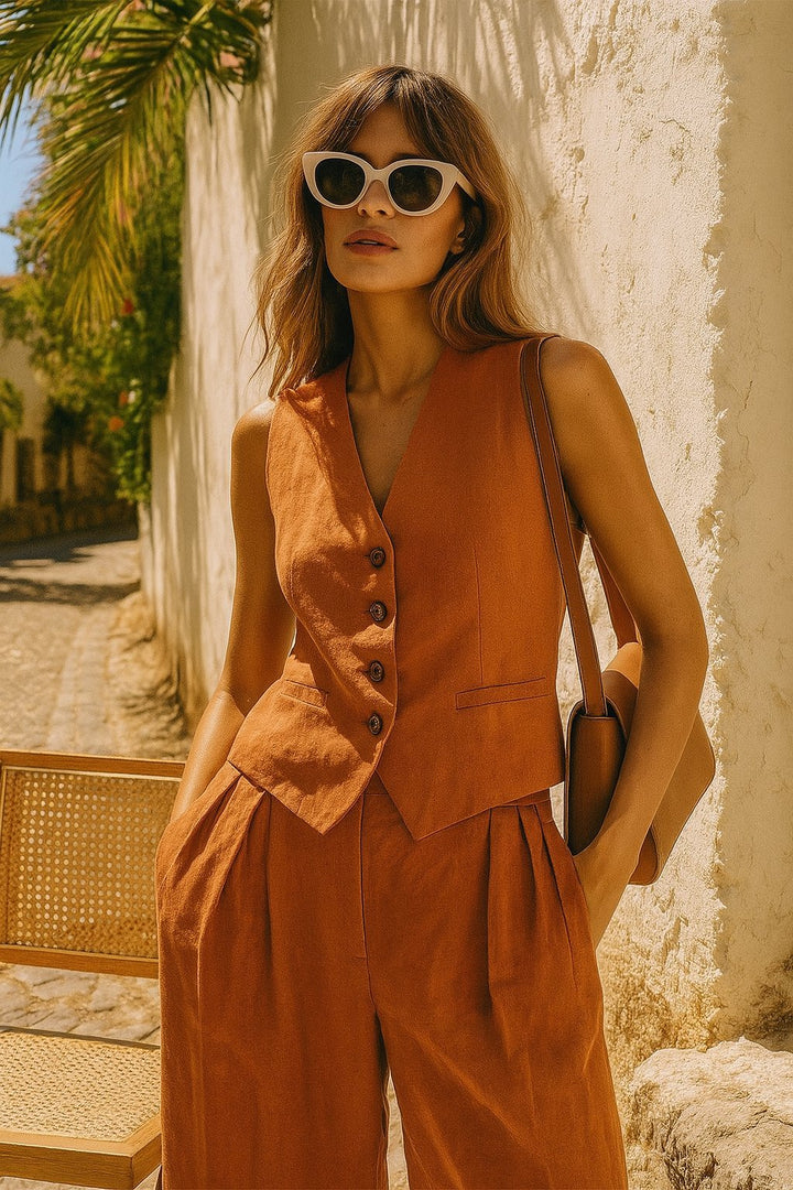 Elegant womenswear: A tailored vest and flowing wide-leg pleated pants, designed for comfort & style.
