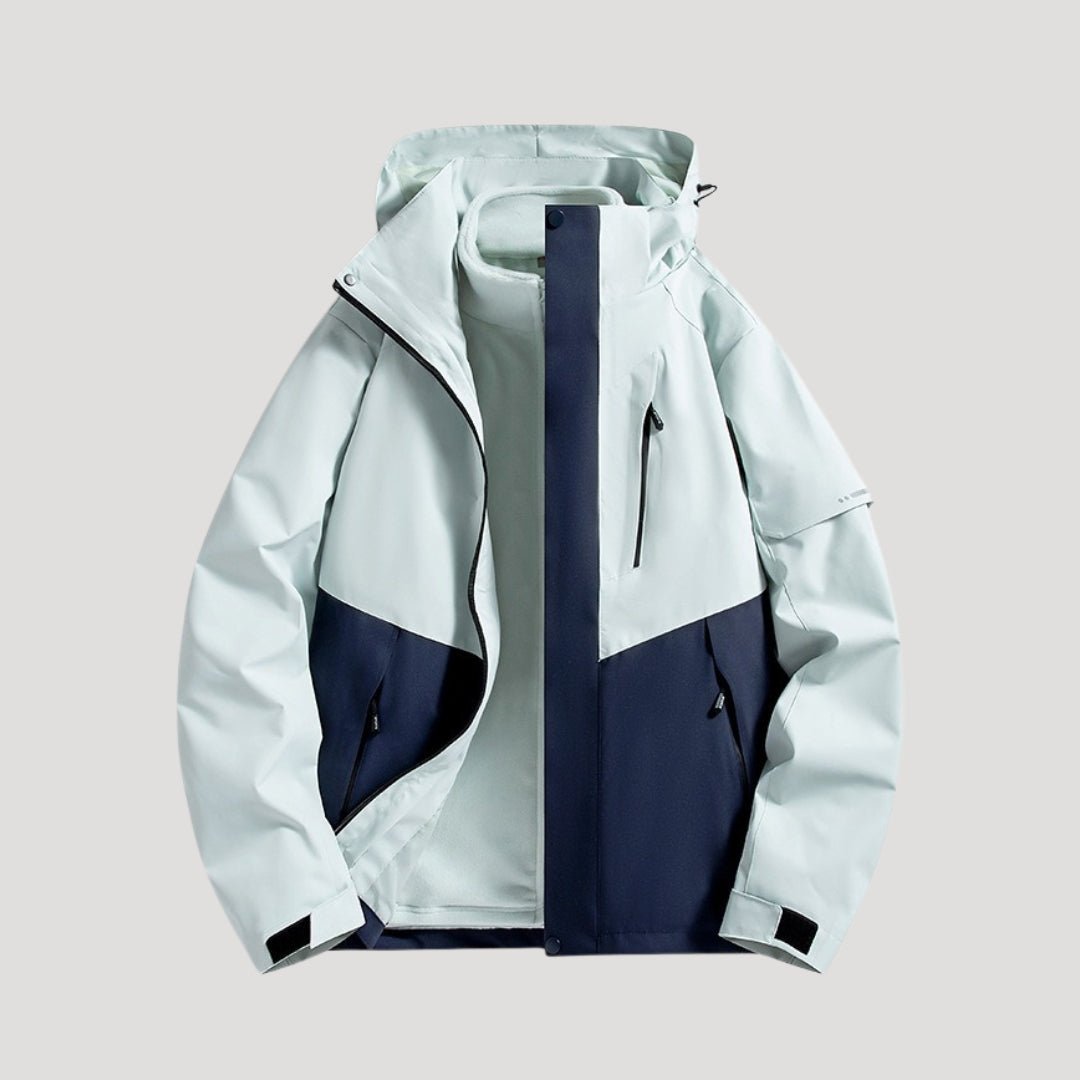 Practical unisex waterproof hooded rain jacket. All-season outdoor coat for reliable weather protection & comfort.