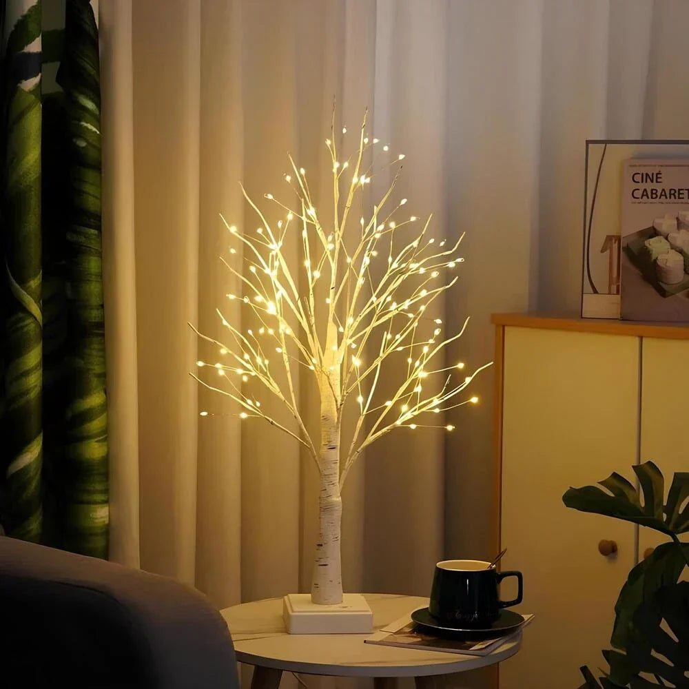 Flexible LED birch tree lamp, providing warm white light; perfect as a battery-operated ambient bedside lamp.