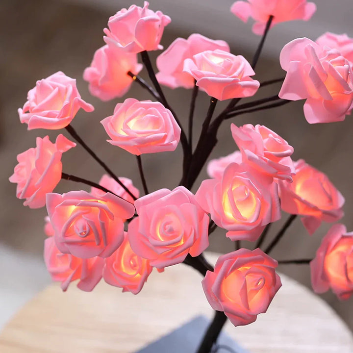 Soft, warm white LED glow from the rose blossom bonsai tree lamp. Perfect ambient decor.