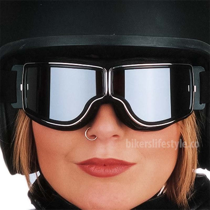 Durable unisex motorcycle goggles, fit over glasses, with strong UV protection & anti-fog.