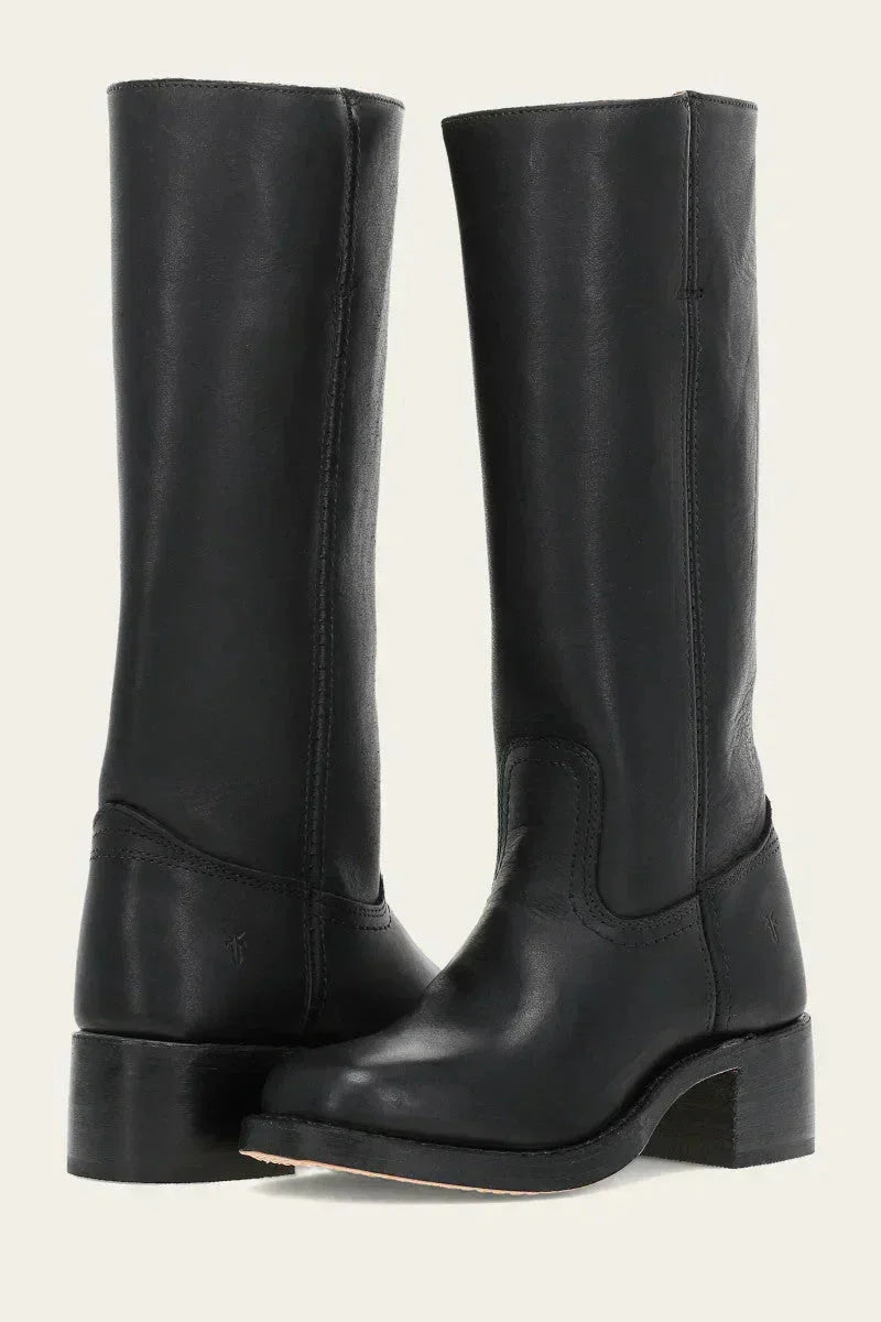 Brown leather women's classic tall boots, comfortable block heel for timeless style.
