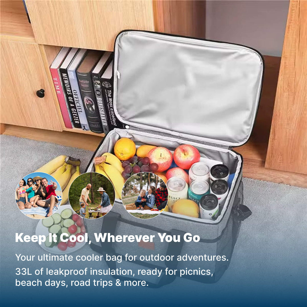 Unisex waterproof 33L beach cooler bag, perfect for keeping drinks cool on sandy adventures.