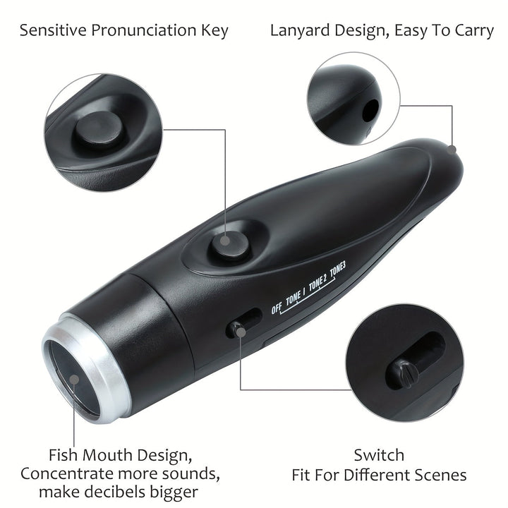 Handheld electronic referee whistle, a loud training aid for sports coaches, with 3 selectable sound options.