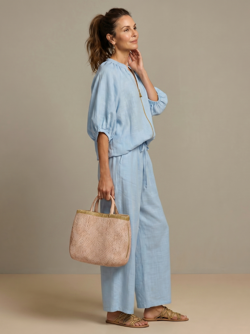 Casual chic women's two-piece outfit with zip top and comfortable wide-leg pants.