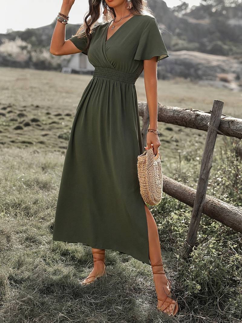 Stylish women's V-neck long boho dress in olive green. Elegant and flowy, great for summer casual wear.