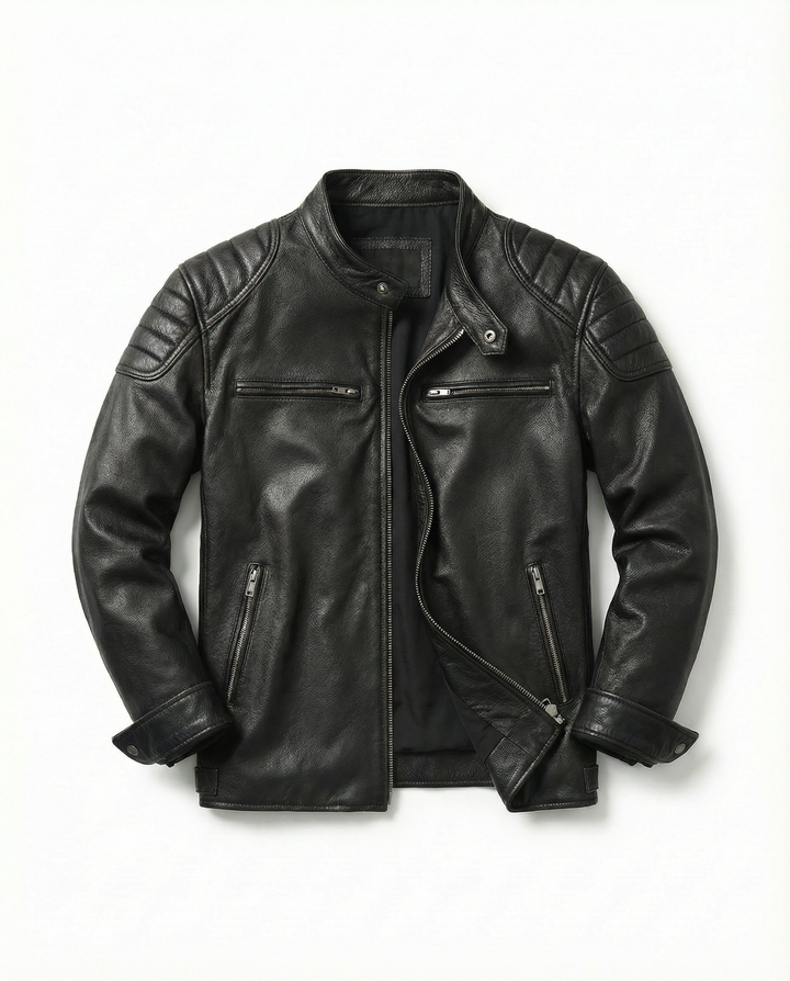 Men's casual distressed leather biker jacket, embodying vintage style and cool urban streetwear fashion.
