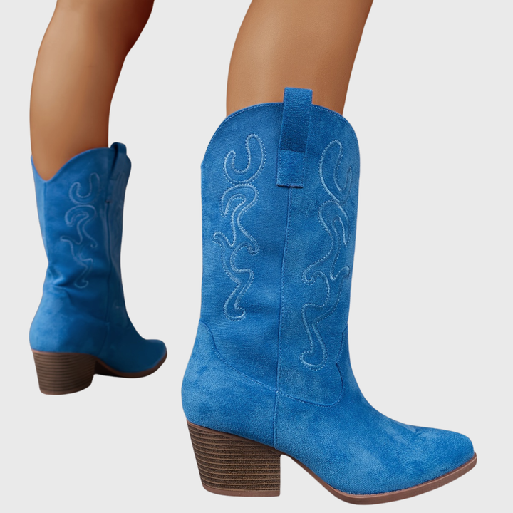Fashionable women's wide-calf western boots, comfortable mid-calf cowboy style with a block heel.