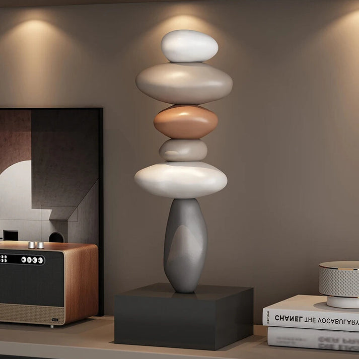 Serene stacked stone sculpture, modern art object for zen home decor. Brings balance & peaceful indoor ambiance.