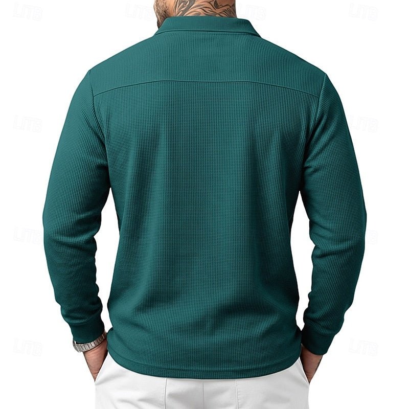 Comfortable men's long-sleeve textured polo. Versatile for casual wear or smart-casual fall/spring fashion.