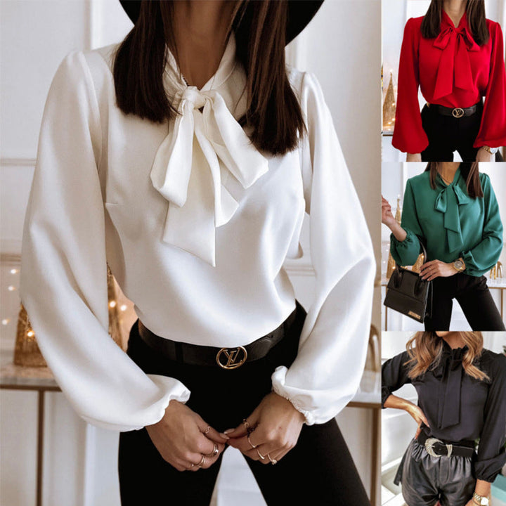 Elegant women's bow tie collared long sleeve blouse, perfect for professional office wear & business attire.