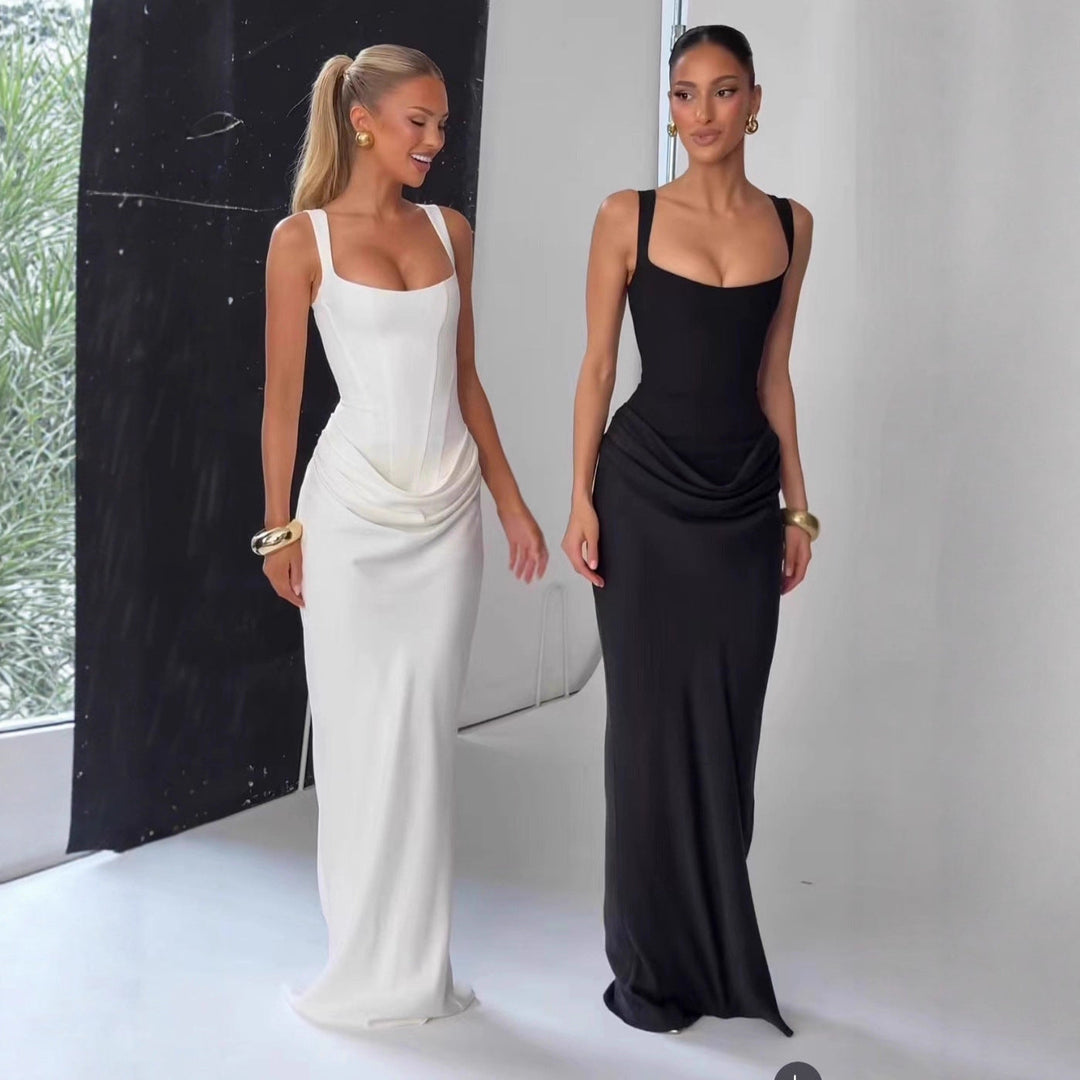 Elegant women's strapless long slip dress, perfect for summer parties, vacation, and formal occasions.