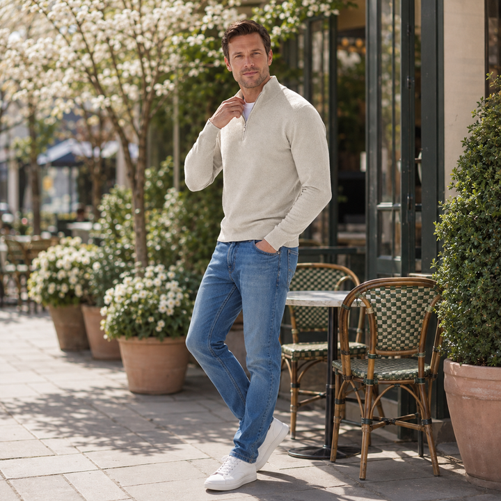 Soft men's knit half-zip long-sleeve sweater. An ideal everyday jumper for cool weather and casual comfort.
