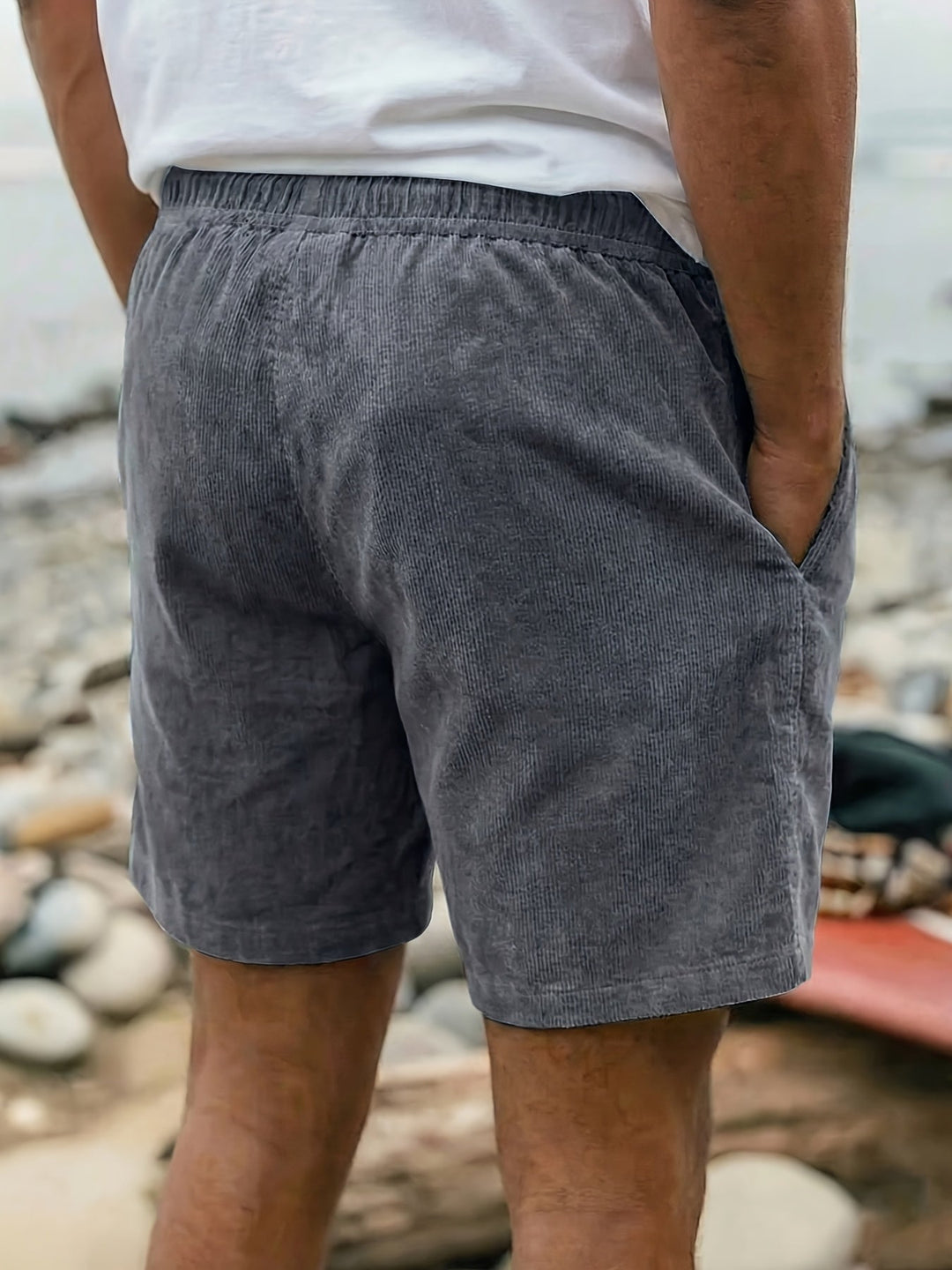 Versatile dark gray men's drawstring shorts, relaxed fit for everyday casual comfort.