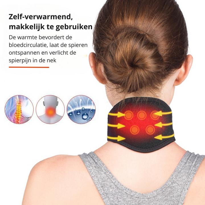 Close-up: self-heating tourmaline neck collar provides soothing warmth for neck pain & stiffness. Magnetic therapy for wellness.