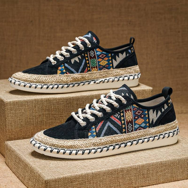 Front view of men's comfortable Aztec print sneakers, offering a blend of style and ease.