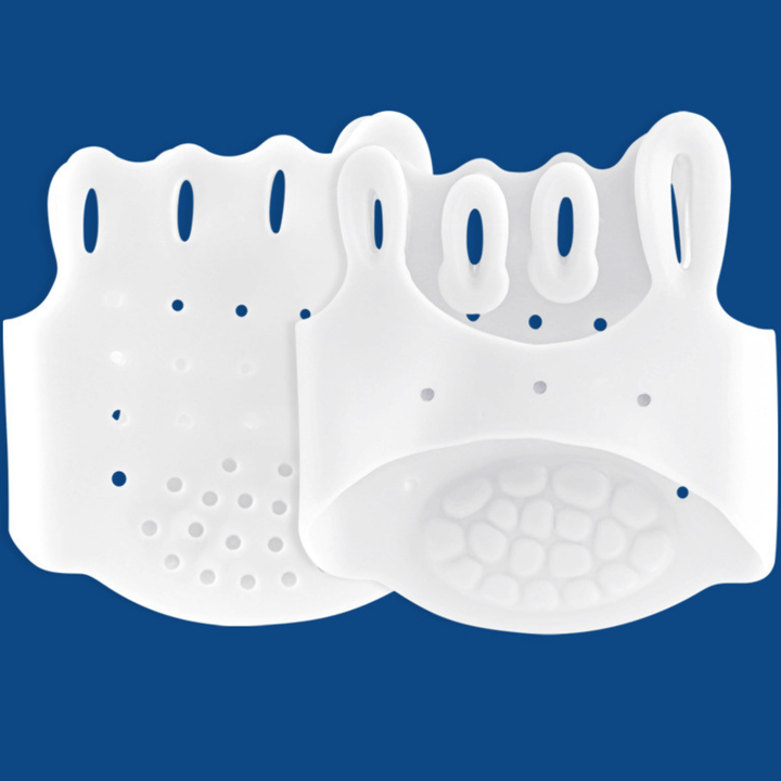 Reusable silicone split toe separator foot pad. Massager design supports foot care, pain relief & alignment.