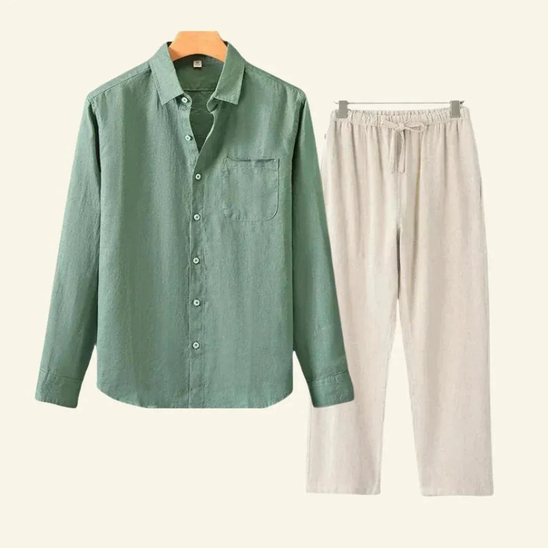 Detailed view of men's relaxed fit shirt, part of a two-piece co-ord set, for casual summer style.