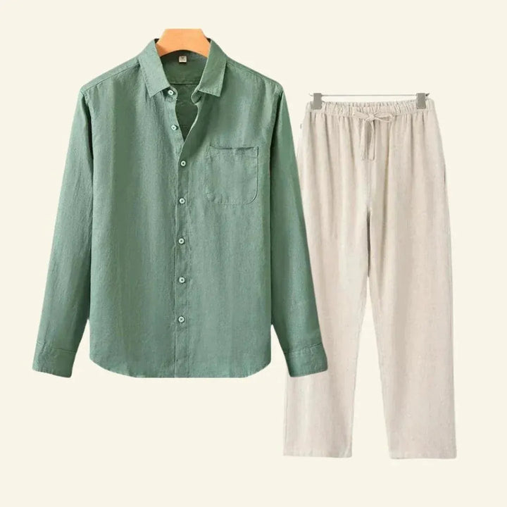 Detailed view of men's relaxed fit shirt, part of a two-piece co-ord set, for casual summer style.