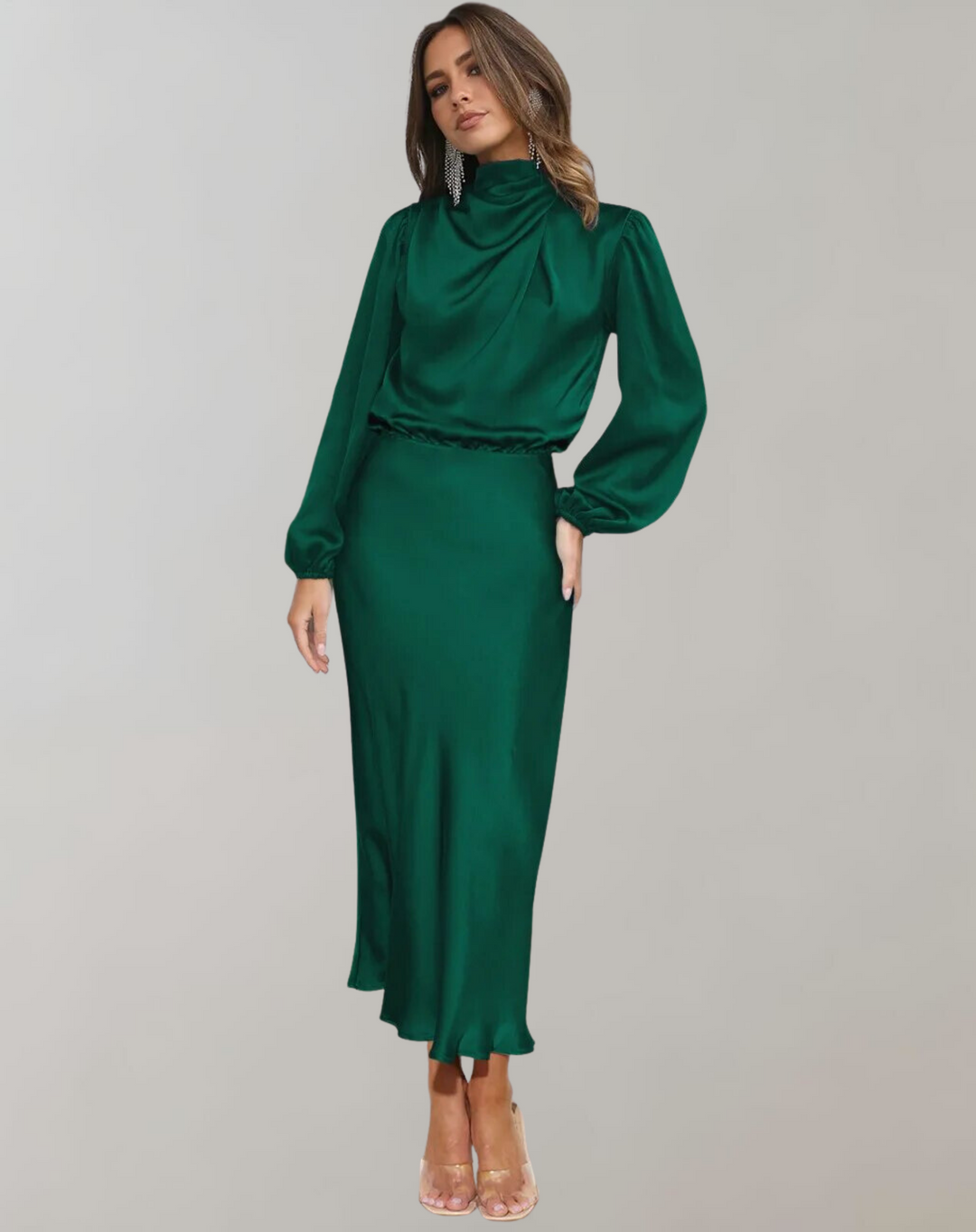 Elegant loose fit long sleeve women's dress, perfect for evening wear & formal occasions. Available in multiple colors.