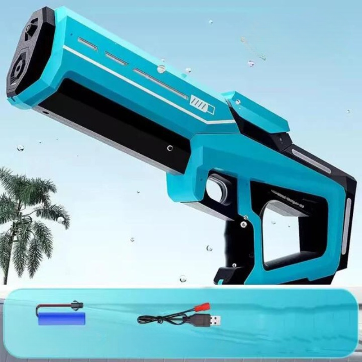 Child firing a high-power automatic water gun, enjoying summer fun. Great for kids & outdoor water activities.