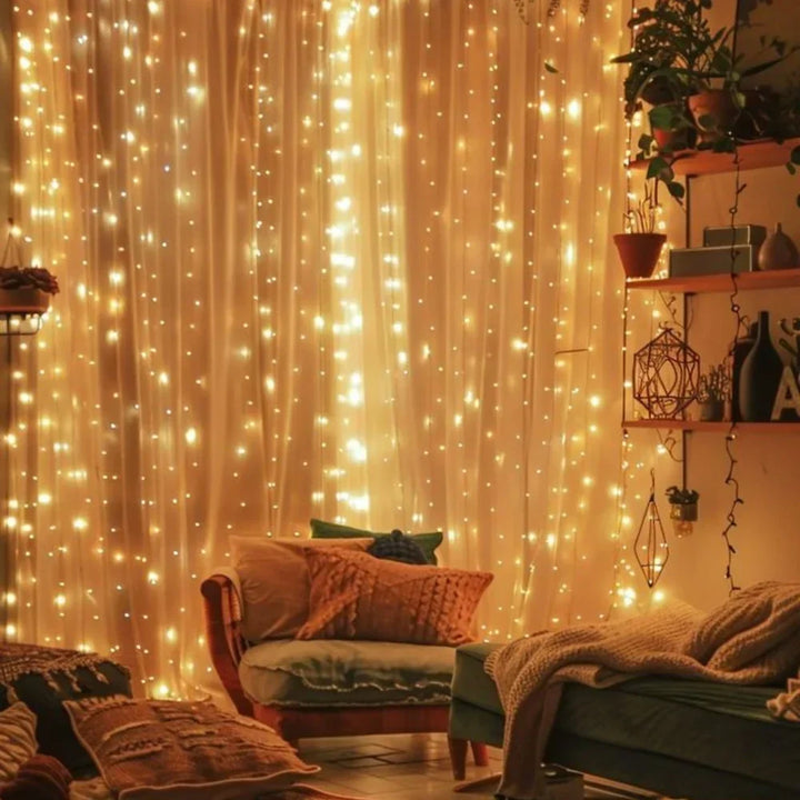 Warm white LED curtain lights, ideal for enchanting indoor bedroom or living room decoration.