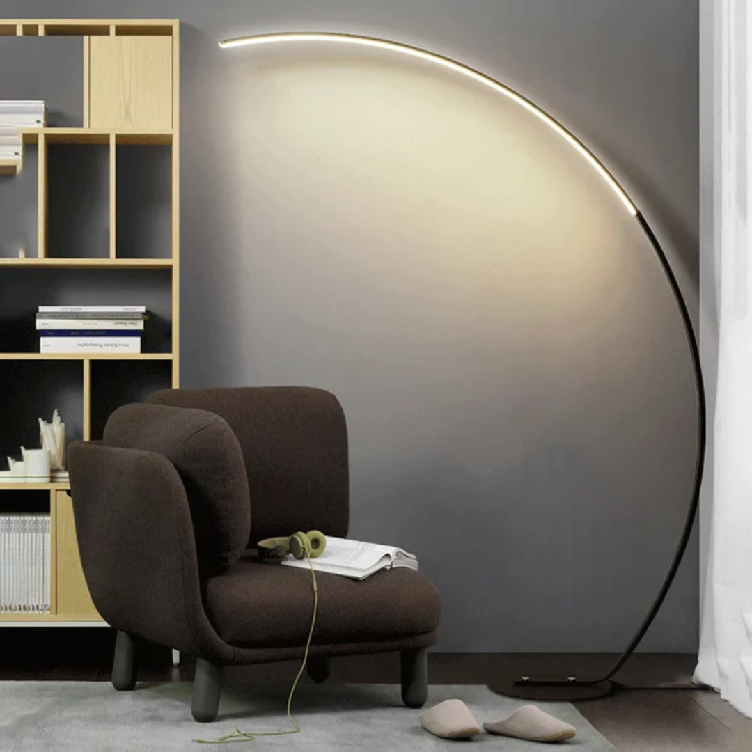 Contemporary LED floor lamp creating warm ambiance. Ideal modern lighting for bedroom, living room, and home decor.