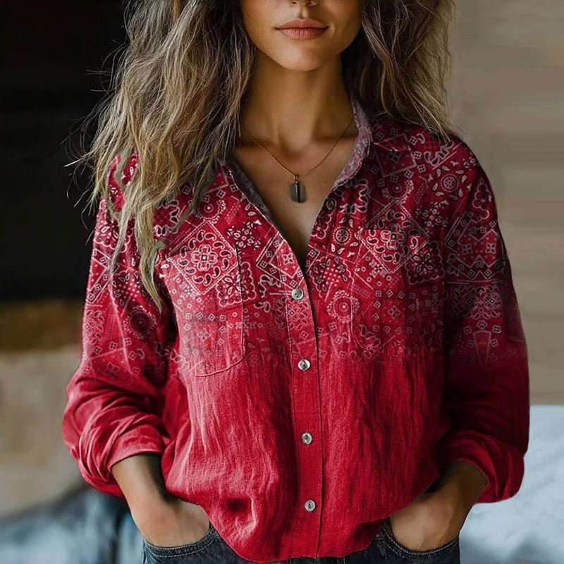 Women's bohemian vintage floral print blouse with a collared, button-front design & long sleeves. Relaxed fit for summer style.