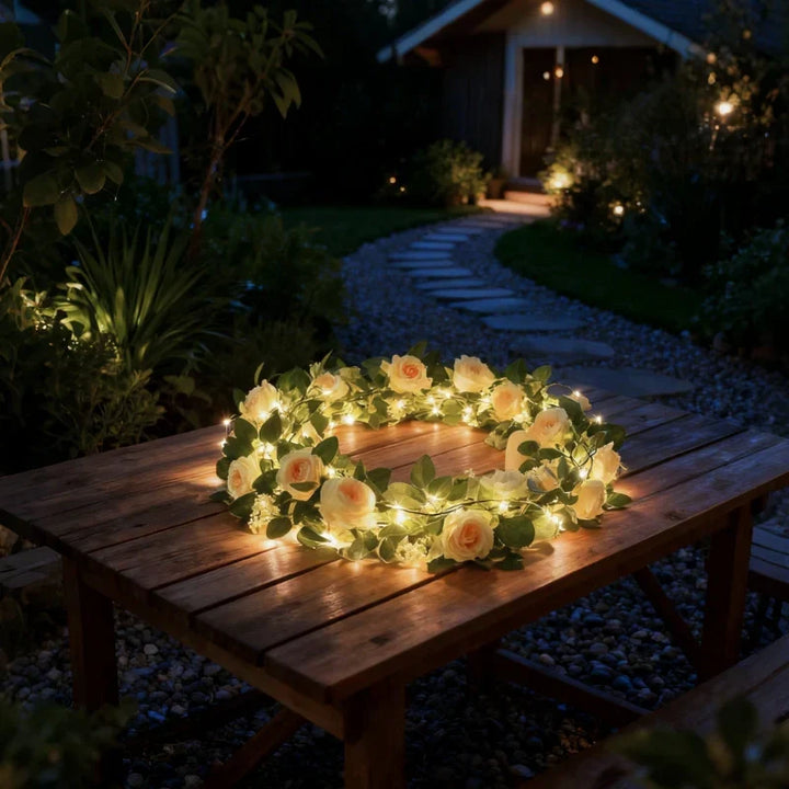 Battery powered LED vine string lights with warm white leaves, ideal for party decor.