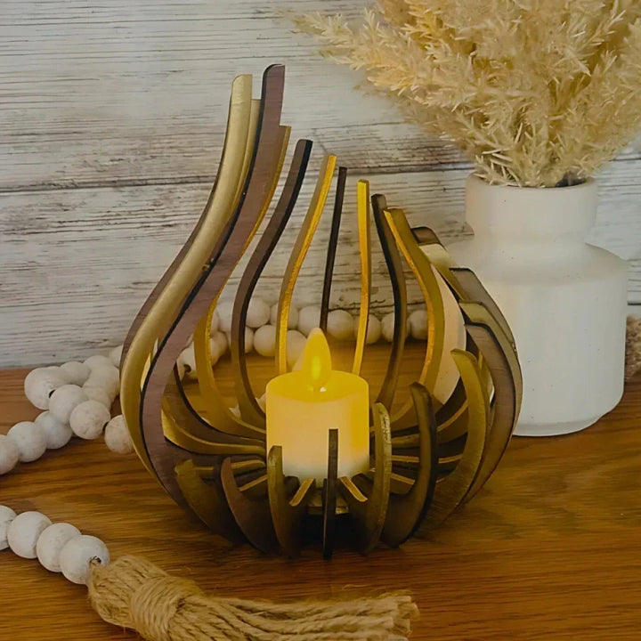 Stunning wooden table centerpiece, a hollow carved tea light holder for elegant home decor.