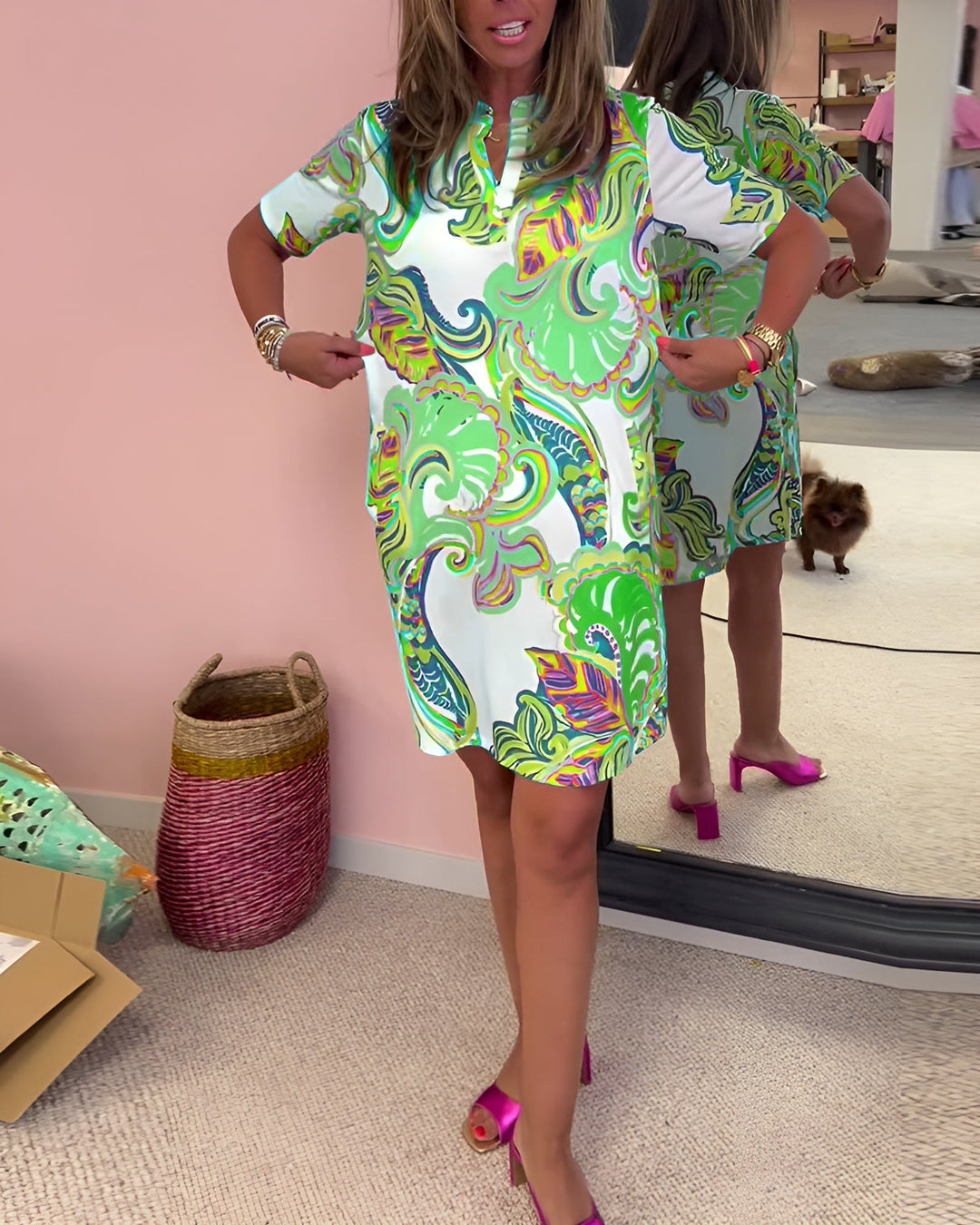 Lightweight Printed V-Neck Dress