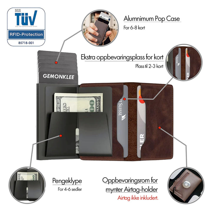 Black aluminum men's RFID wallet, secure & compact with double pop-up pockets for quick card retrieval.