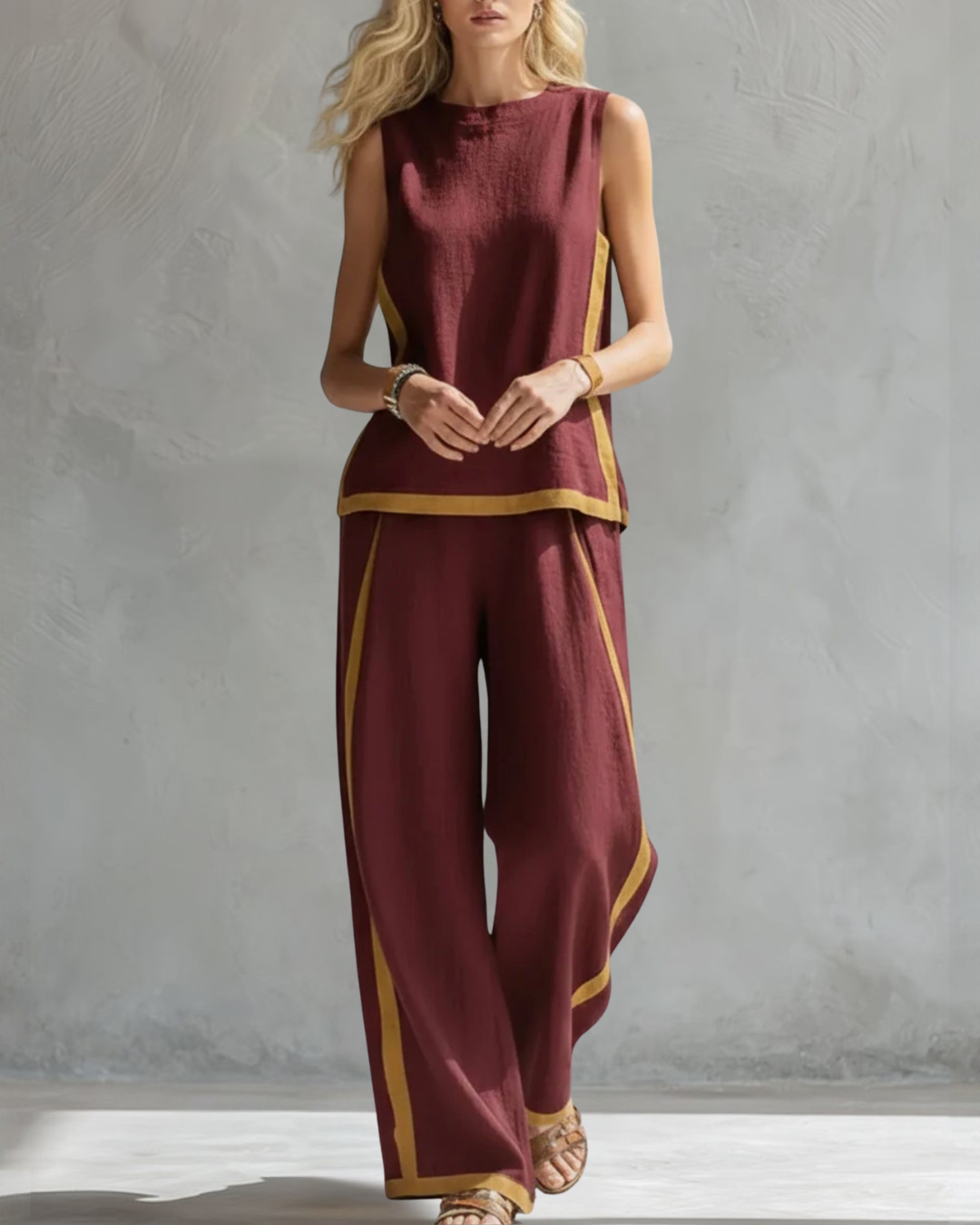 Chic ladies' sleeveless top & wide leg trouser set, combining comfort with elegant style.